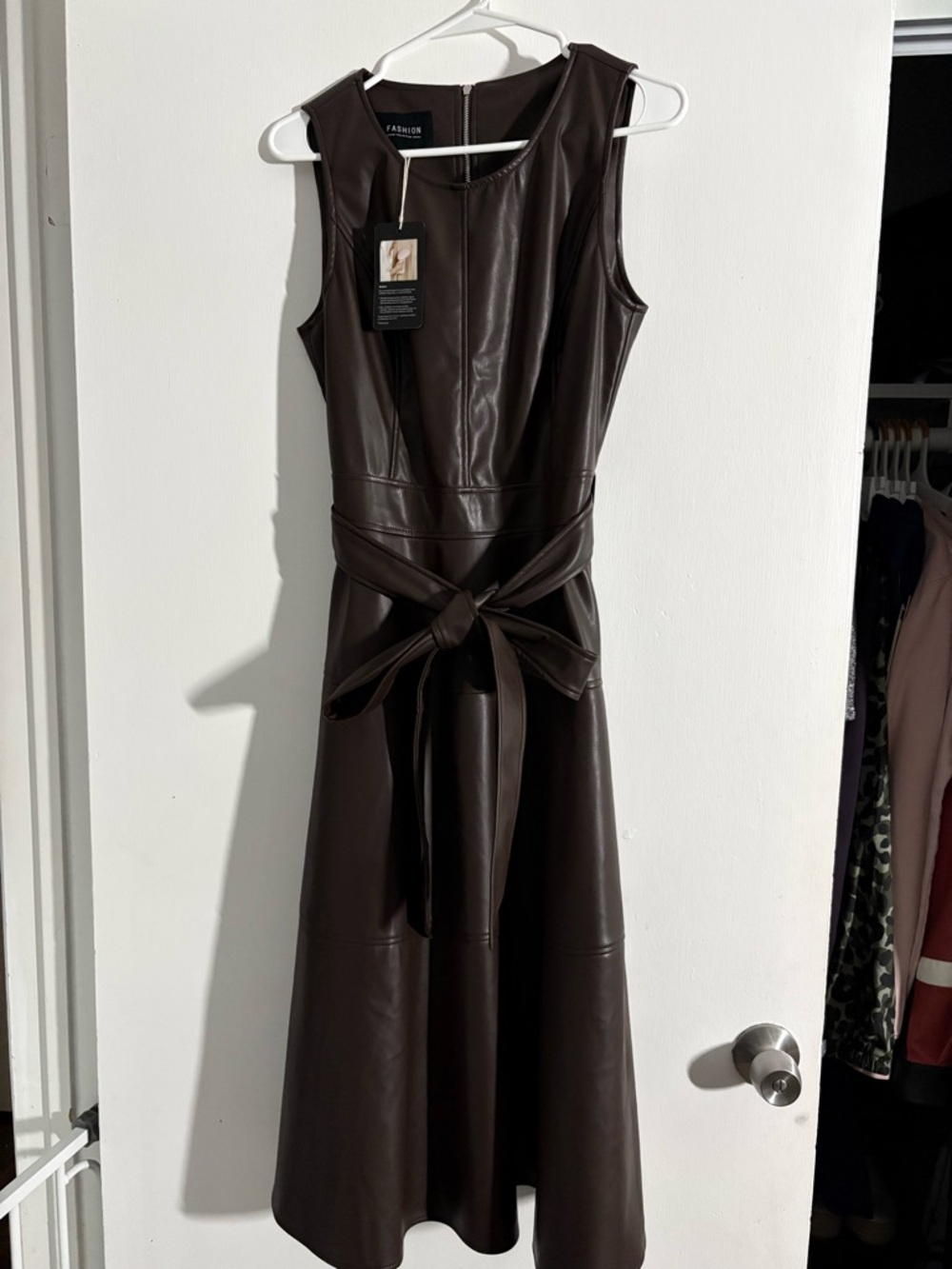 Faux Leather Sleeveless Midi Dress in Dark Brown